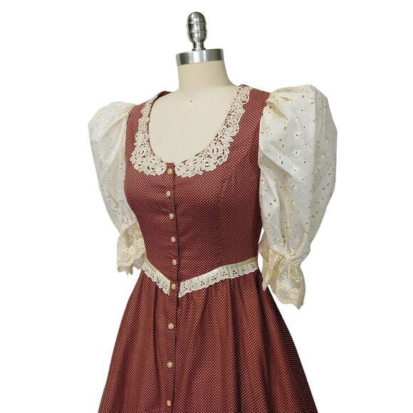 Gunne Sax Red Polka Dot Midi Dress Size 9 Eyelet Lace Prairie Calico - Picture 6 of 11
